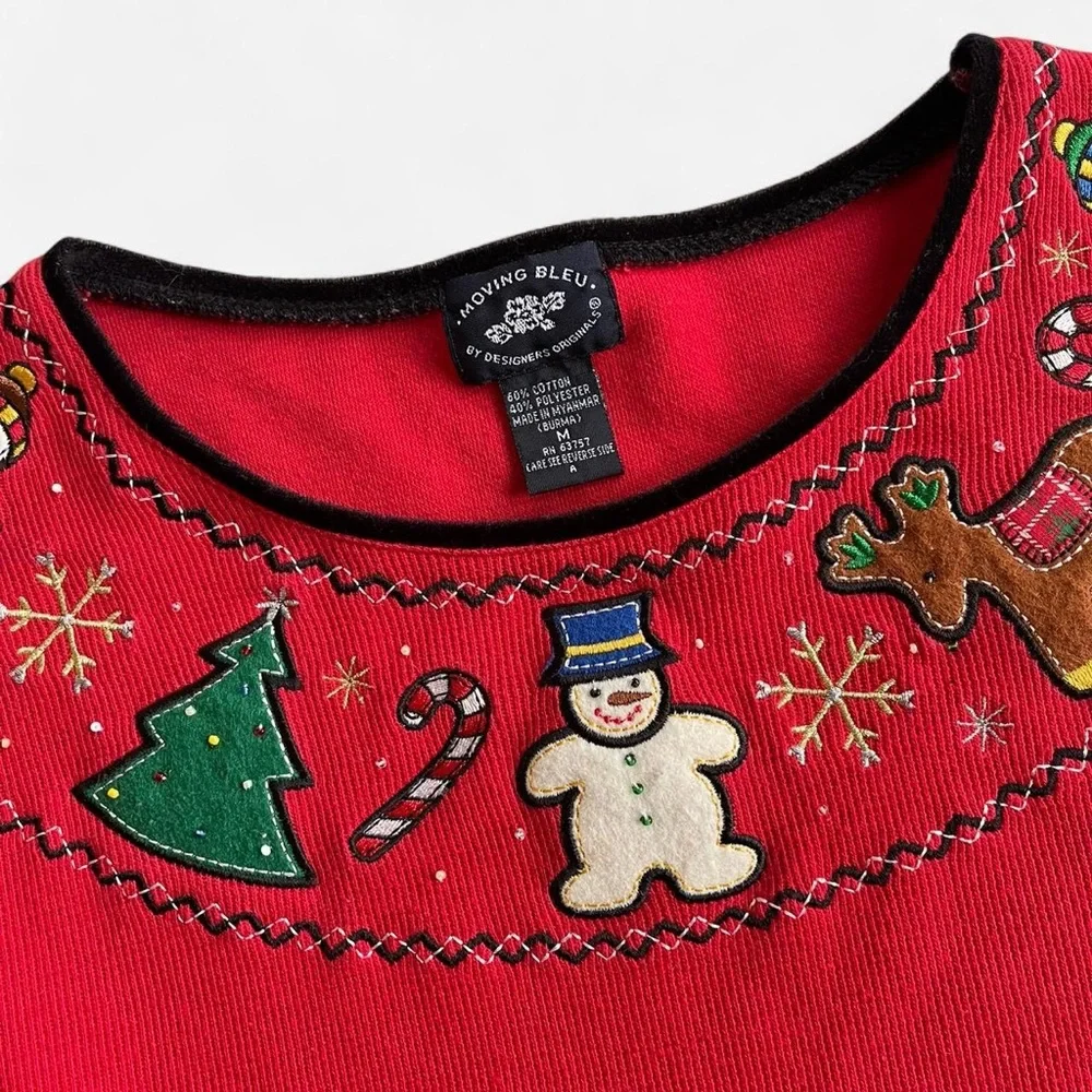 Vintage Moving Bleu Red Ribbed Long Sleeve Shirt Embroidered Christmas Designs - Picture 3 of 7
